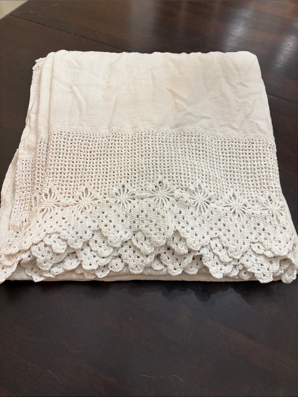 Vintage Handmade Cream Linen Crochet Edge Tablecloth -